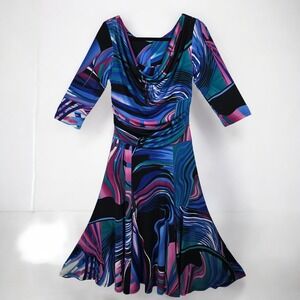 Vintage Sharon Max Midi Dress Women Medium Abstract‎ Print 3/4 Sleeve Artsy 90s